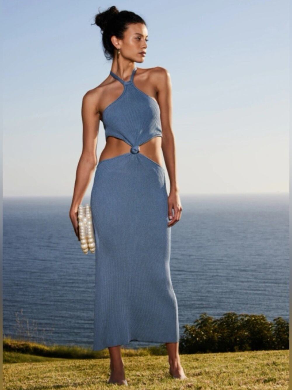 cult gaia Blue Ribbed Cutout Halter Midi Dress